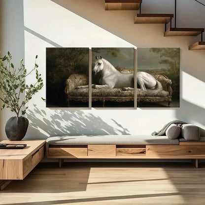 3pcs Elegant White Horse On Ornate Sofa Metal Print Ready to Hang Art