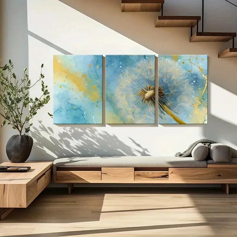 3pcs Dandelion Golden & Blue Watercolor Splashes Metal Print Ready to Hang Art