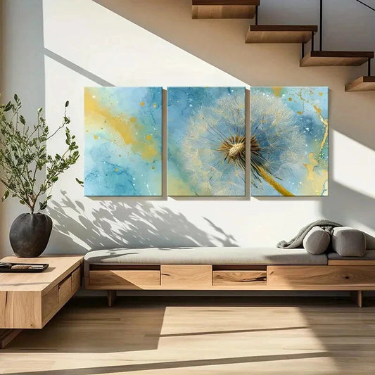 3pcs Dandelion Golden & Blue Watercolor Splashes Metal Print Ready to Hang Art