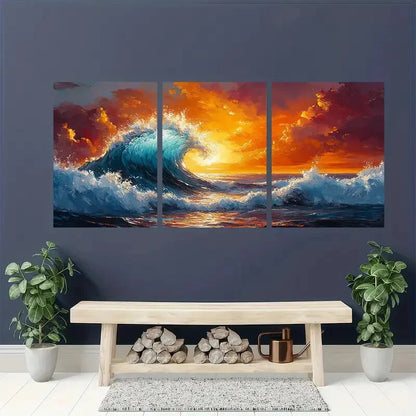 3pcs Vibrant Sunset Ocean Wave Oil Paintings Metal Print Ready to Hang Art