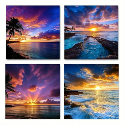 4pcs Seascape Sunset Coconut Tree theme Wall Art Canvas Framed