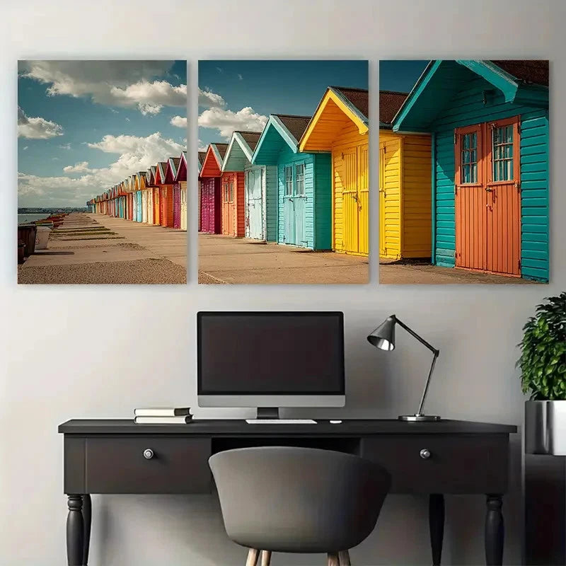 3pcs Cleethorpes Travel Illustration Wall Art Set Canvas Framed 60x90cm - High Quality Print 100% Australian Made Wall Canvas Ready to Hang