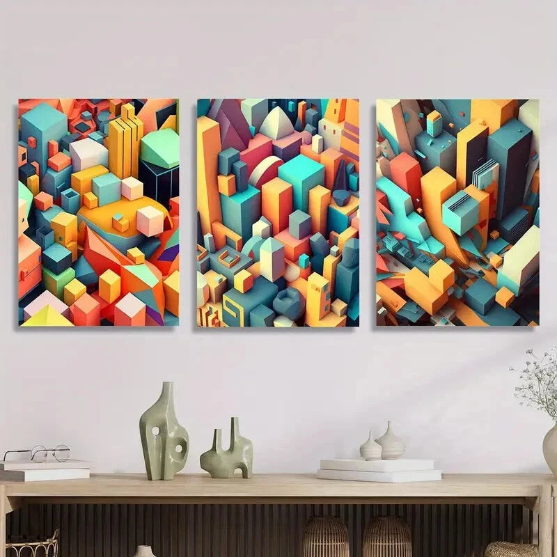 3pcs ,City top view abstract art, mosaic art Metal Print Ready to Hang Art