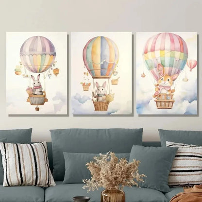 3pcs Cartoon Hot Air Balloon Painting Metal Print Ready to Hang Art