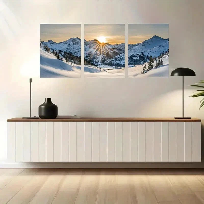 3pcs Snowy Mountain Sunrise Wall Art Metal Print Ready to Hang Art