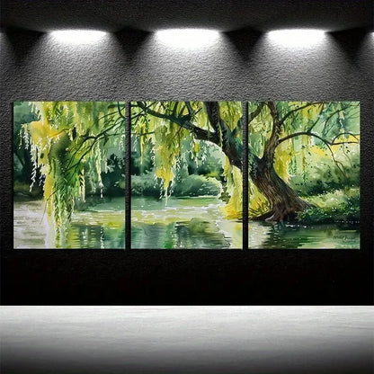 3pcs Vibrant Willow Tree Nature Scene Metal Print Ready to Hang Art