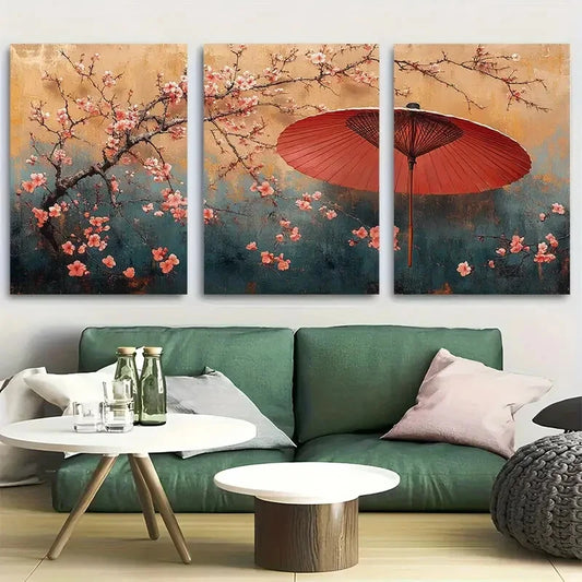 3pcs Pink Sakura Blossoms with Red Umbrella Metal Print Ready to Hang Art