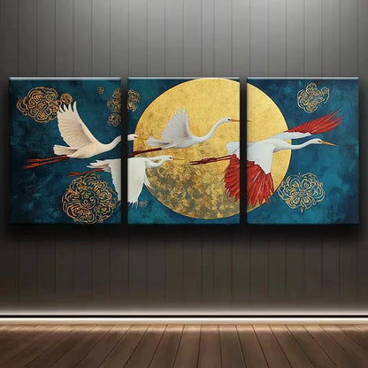3pcs White Heron in Flight Full Moon Metal Print Ready to Hang Art