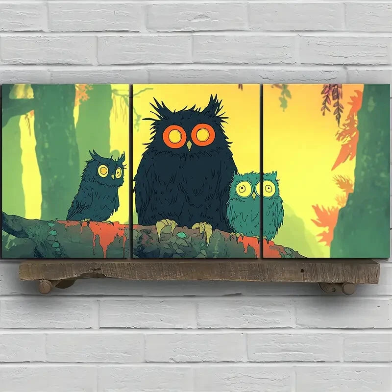 3pcs The Owl on The Branch Birds Metal Print Ready to Hang Art