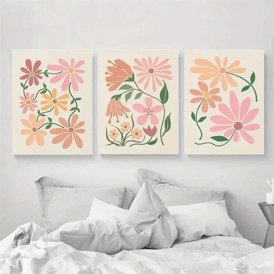 3pcs Abstract Floral Prints Bohemian Style Metal Print Ready to Hang Art