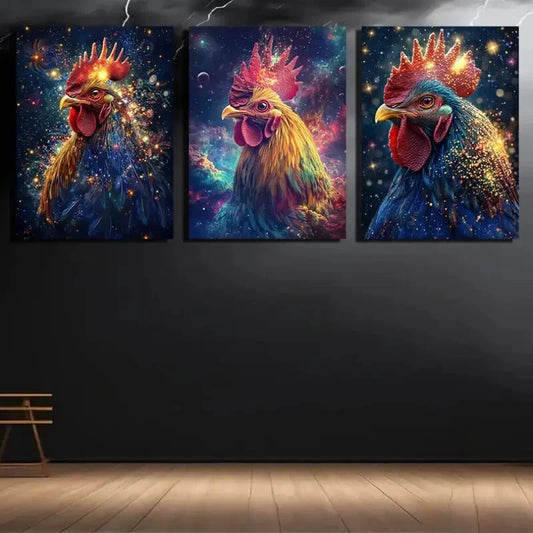 3pcs Abstract Rooster Starry Night Sky Metal Print Ready to Hang Art
