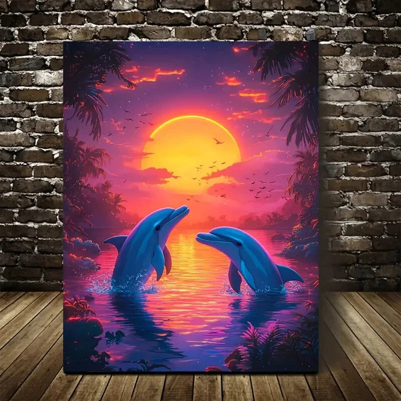 Vibrant Dolphin Sunset Scene with Glowing Painting 40x60cm Metal Print Ready to Hang