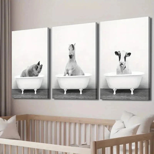 3pcs Modern Black and White Animal Bathtub Wall Art Set Canvas Framed 60x90cm - High Quality Print 100% Australian Made Wall Canvas Ready to Hang