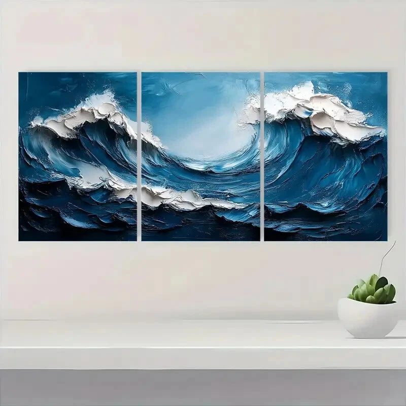 3pcs Minimalist Dark Blue Wave Abstract Art Metal Print Ready to Hang Art