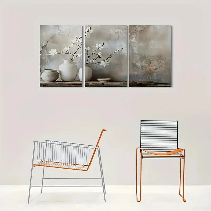 3pcs Minimalist White Flowers in Vases Metal Print Ready to Hang Art