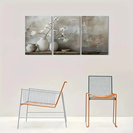 3pcs Minimalist White Flowers in Vases Metal Print Ready to Hang Art