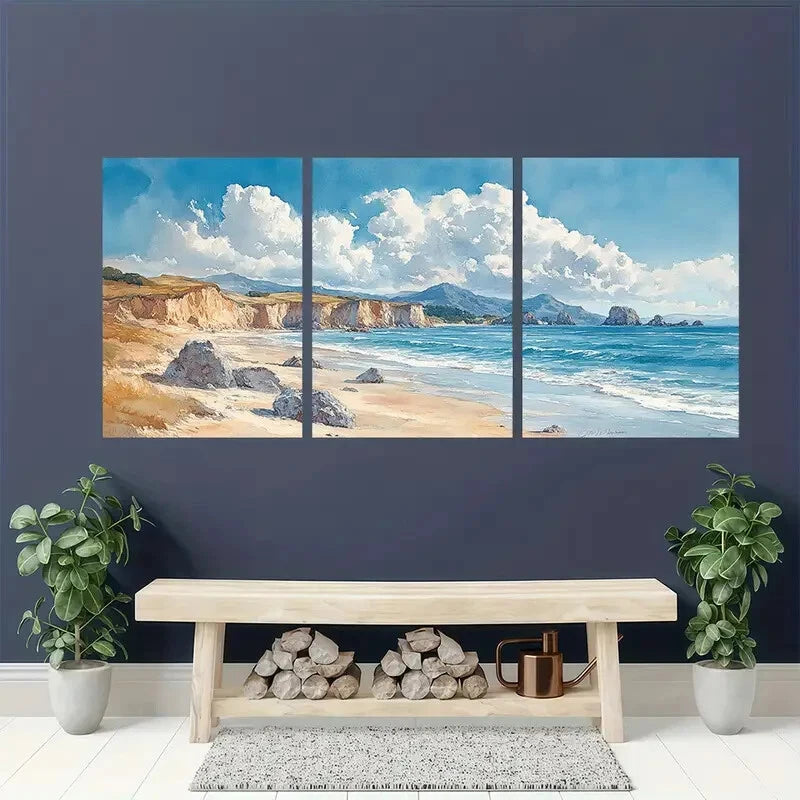 3pcs Watercolor Coastline with Cliffs & Ocean Wave Metal Print Ready to Hang Art