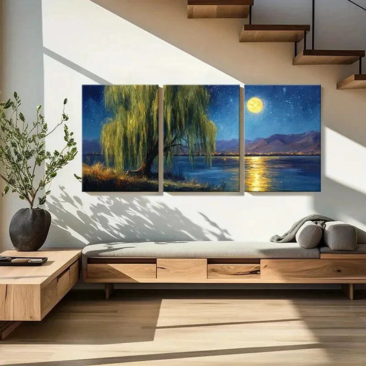 3pcs Moonlit Willow Tree Starry Night Sky Metal Print Ready to Hang Art