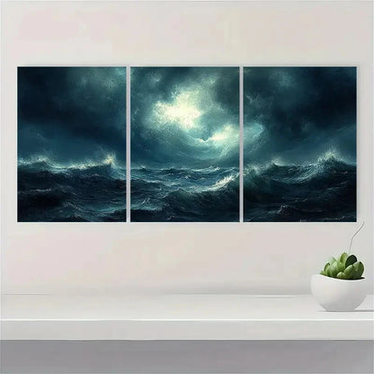 3pcs Moody Thunderstorm Dynamic Seascape Art Metal Print Ready to Hang Art