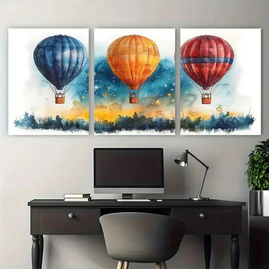 3pcs Hot Air Balloons Starry Sky Watercolour Wall Art Set Canvas Framed 40x60cm - High Quality Print 100% Australian Made Wall Canvas Ready to Hang
