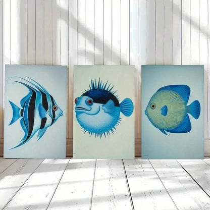 3pcs Blue Fish Animal Decorative Painting Metal Print Ready to Hang Art