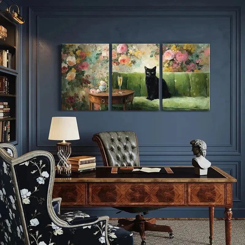 3pcs Black Cat Floral Background Champagne Metal Print Ready to Hang Art