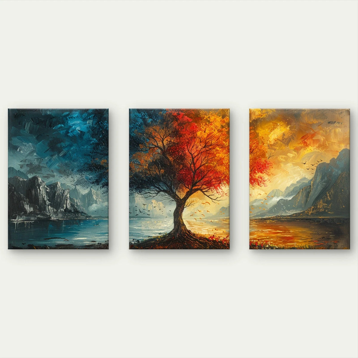 3pcs Rainbow Four Seasons Tree Wall Art Set Canvas Framed 60x90cm - High Quality Print 100% Australian Made Wall Canvas Ready to Hang