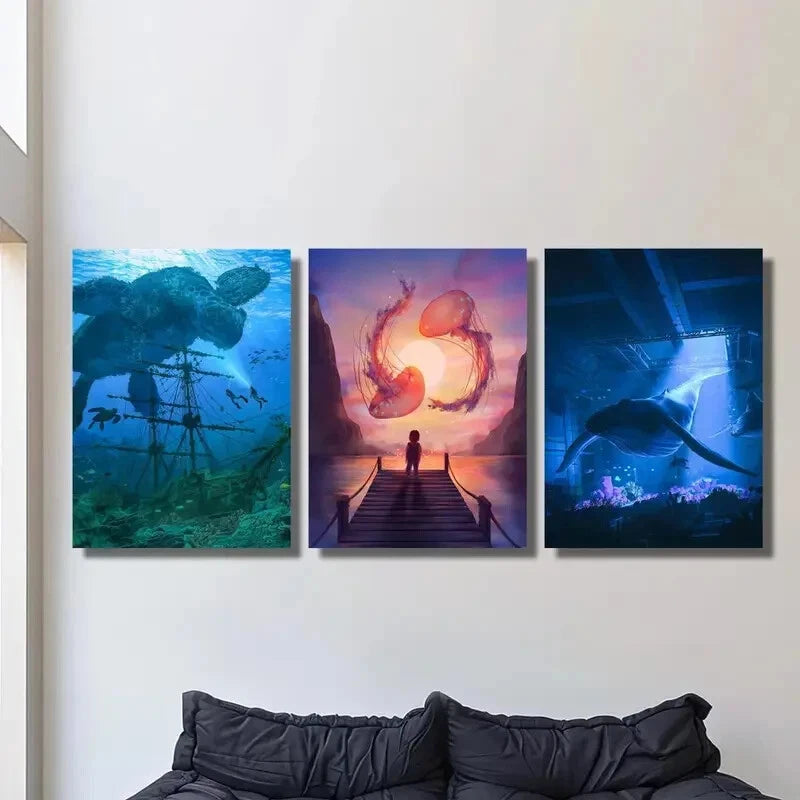 3pcs giant creatures from the ocean depths, Metal Print Ready to Hang Art