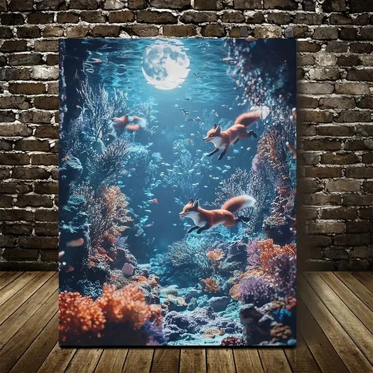 Fox Chase Coral Reef Moonlight Painting 40x60cm Metal Print Ready to Hang