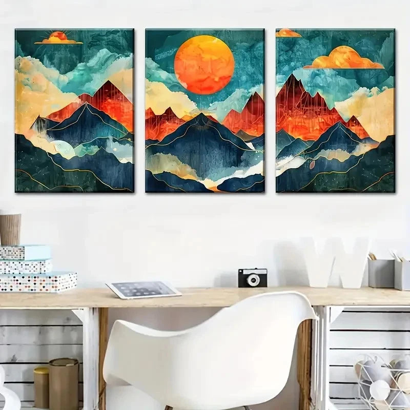 3pcs Vibrant Abstract Mountain & Sun Design Metal Print Ready to Hang Art