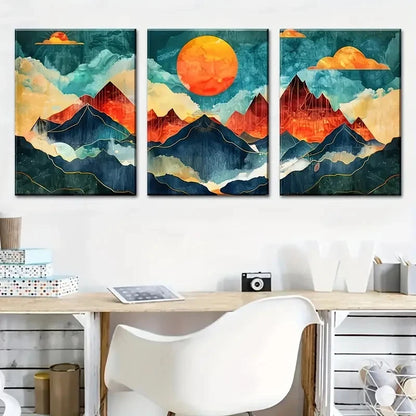 3pcs Vibrant Abstract Mountain & Sun Design Metal Print Ready to Hang Art