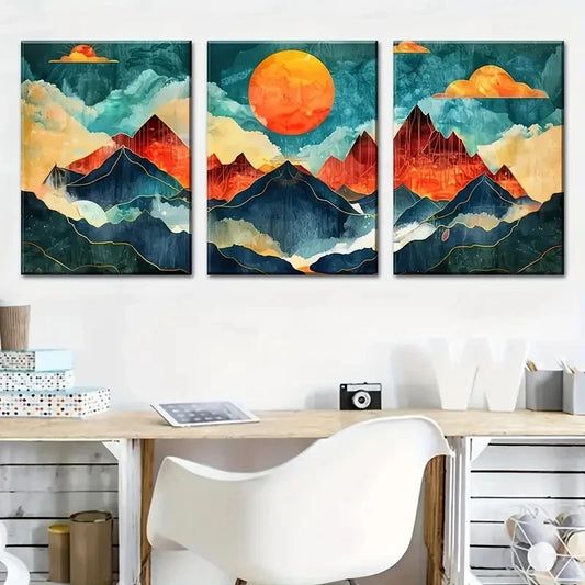 3pcs Vibrant Abstract Mountain & Sun Design Metal Print Ready to Hang Art