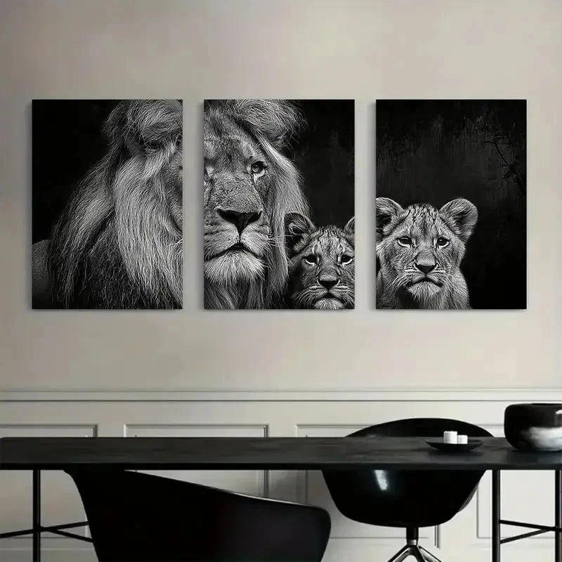3pcs Black-And-White Portrait of a Lion with Cubs Metal Print Ready to Hang Art