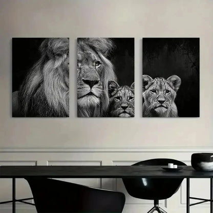 3pcs Black-And-White Portrait of a Lion with Cubs Metal Print Ready to Hang Art