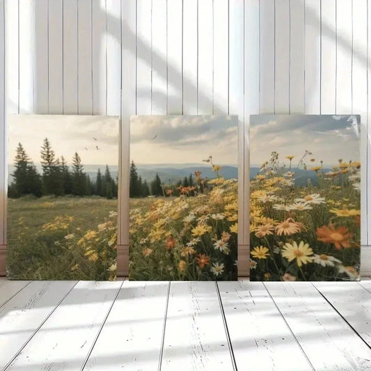 3pcs Vintage Style Serene Wildflower & Pine Tree Metal Print Ready to Hang Art