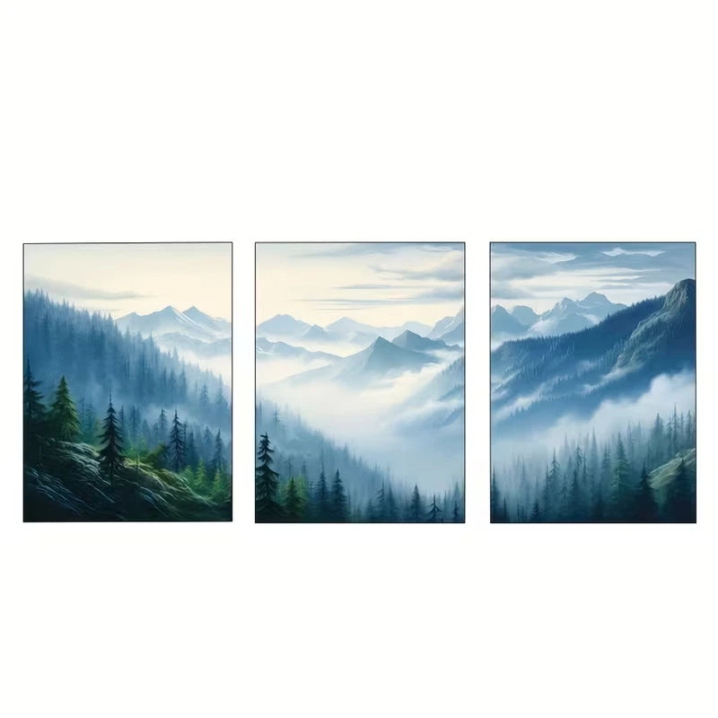 3pcs Misty Blue Forest Landscape Triptych  Wall Art Set Canvas Framed 60x90cm - High Quality Print 100% Australian Made Wall Canvas Ready to Hang