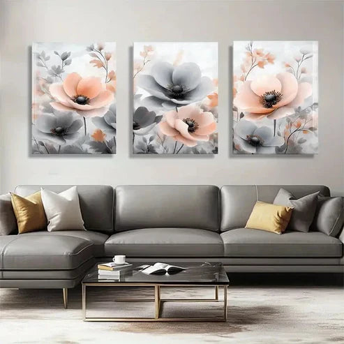 3pcs Elegant Pink & Gray Flower Designs Perfect Wall Art Canvas Unframed - High Quality Print 100% Australian Made Wall Canvas