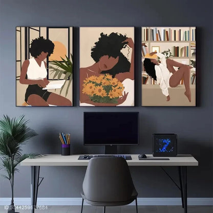 3pcs Vibrant Black Woman with Sunflowers Metal Print Ready to Hang Art