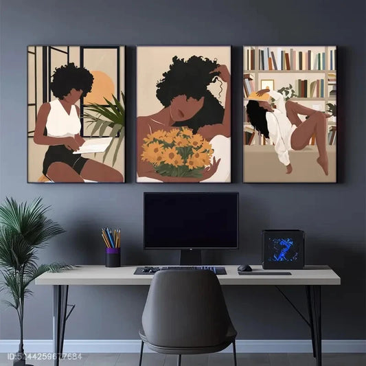 3pcs Vibrant Black Woman with Sunflowers Metal Print Ready to Hang Art