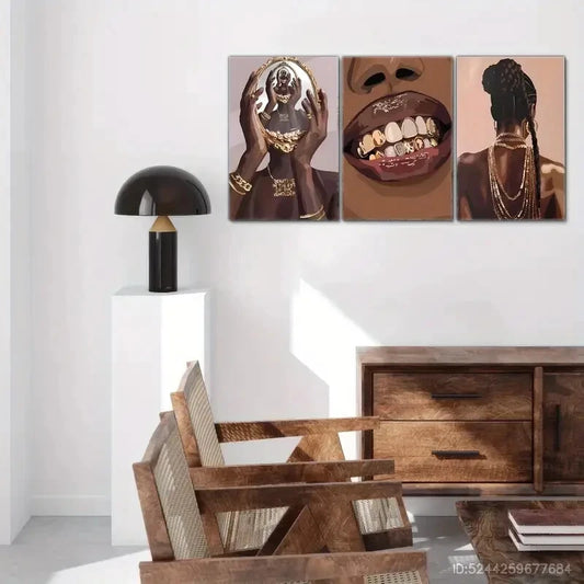 3pcs Golden Jewelry Art Poster Modern Art Style Metal Print Ready to Hang Art