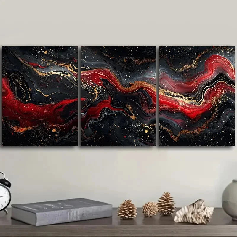 3pcs Luxurious Black And Red Ink Wall Art Metal Print Ready to Hang Art