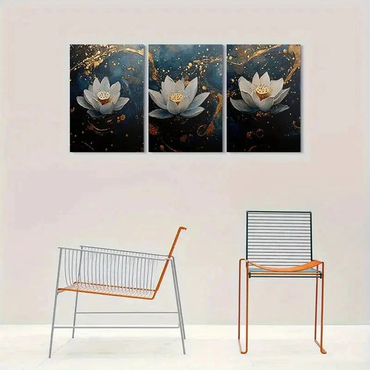 3pcs Elegant Blue & Golden for Lotus Flower  Wall Art Set Canvas Framed 50x70cm - High Quality Print 100% Australian Made Wall Canvas Ready to Hang