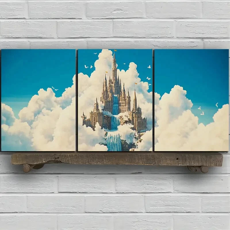 3pcs Shaped Clouds Beautiful Castle Metal Print Ready to Hang Art