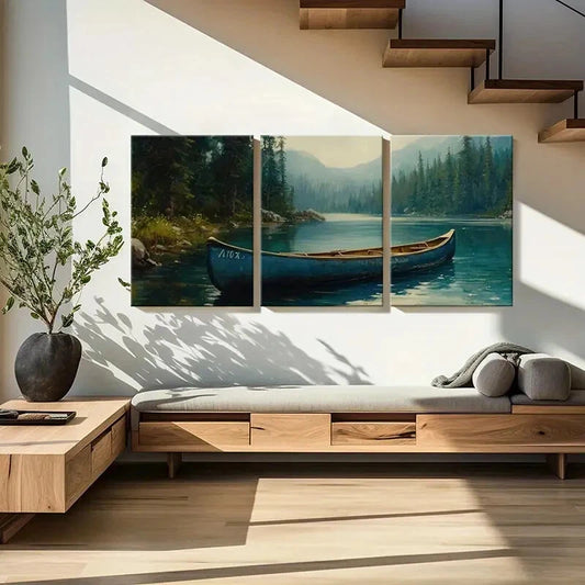 3pcs Blue Canoe Serene Lake Majestic Mountains Metal Print Ready to Hang Art