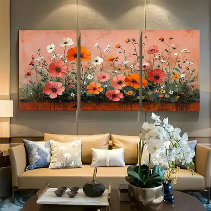 3pcs Vibrant Wildflower Garden Pink Orange Decor Metal Print Ready to Hang Art