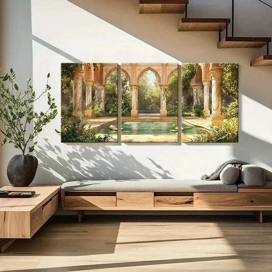 3pcs Retro Architecture Serene Garden Painting Metal Print Ready to Hang Art