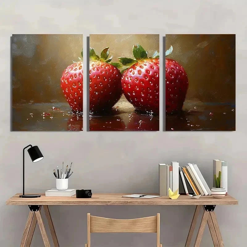 3pcs Vibrant Strawberry Realistic Perfect Wall Art Set Canvas Framed 40x60cm - High Quality Print 100% Australian Made Wall Canvas Ready to Hang
