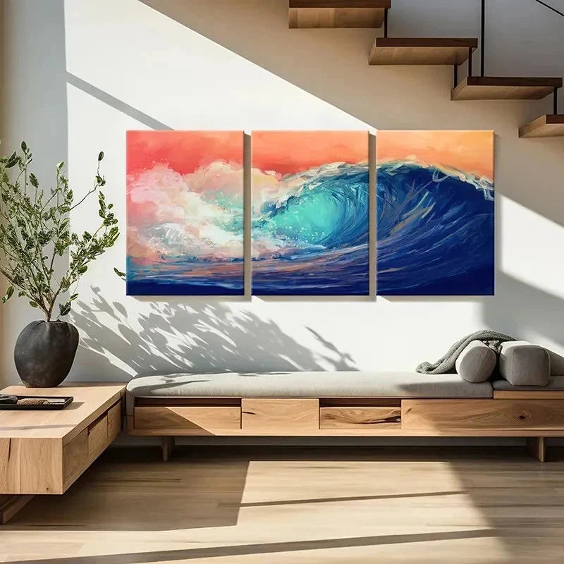 3pcs Ocean Waves Watercolor Aesthetic Wall Art Set Canvas Framed 40x60cm - High Quality Print 100% Australian Made Wall Canvas Ready to Hang