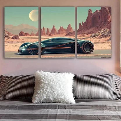 3pcs Futuristic Car In Desert Scene Wall Art Set Canvas Framed 40x60cm - High Quality Print 100% Australian Made Wall Canvas Ready to Hang