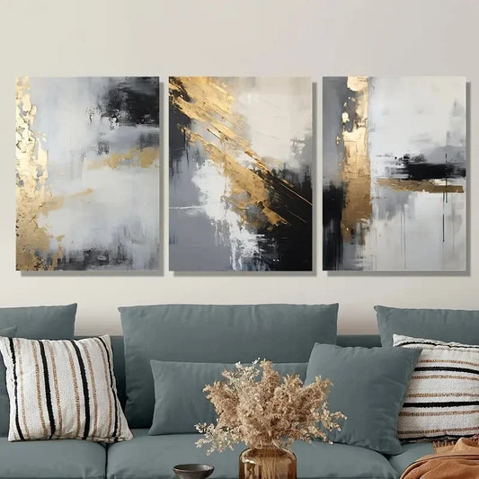 3pcs Golden Black Abstract Oil Painting Wall Art Set Canvas Framed 50x70cm - High Quality Print 100% Australian Made Wall Canvas Ready to Hang